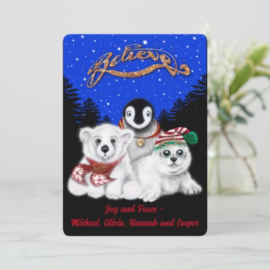 Kerstpinguïn baby Polar beer Seal Pup Feestdagenkaart (Staand voorkant)