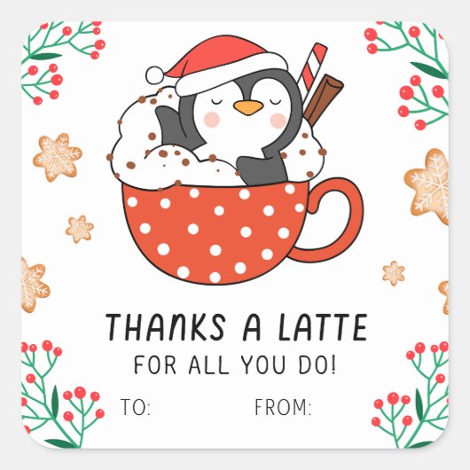 Kerstpinguïn Bedankt a Latte Vierkante Sticker (Voorkant)