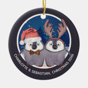 kerstpinguïn Couple Cute Santa en Reindester Keramisch Ornament