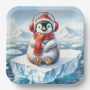 Kerstpinguïn in sneeuwvlokken papieren bordje