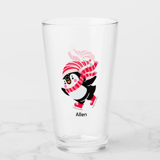 Kerstpinguïn met hoed en sjaal op schaatsen glas (Voorkant)