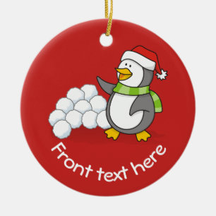 Kerstpinguïn met sneeuwballen keramisch ornament