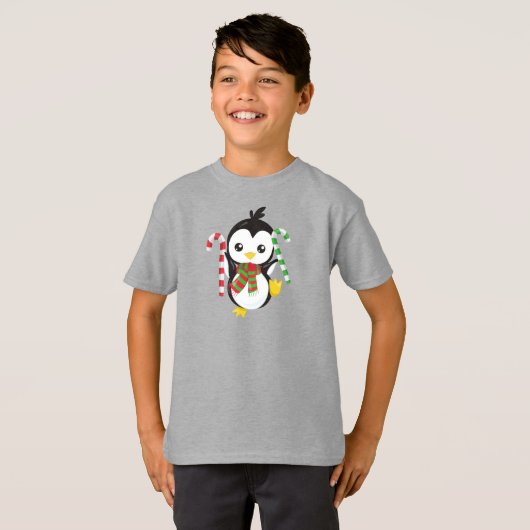 Kerstpinguïn, pinguïn met karf, snoepriet t-shirt (Voorkant volledig)