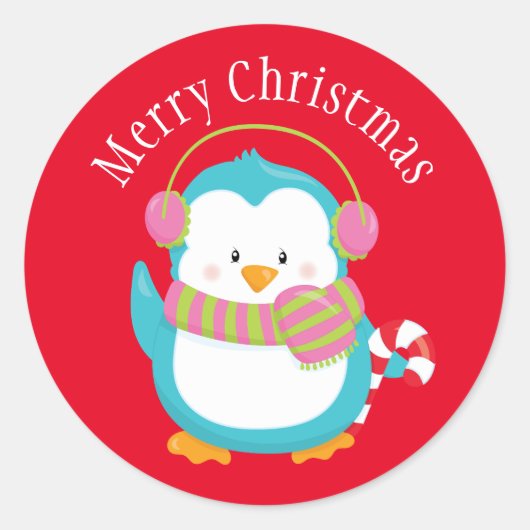 Kerstpinguïn Ronde Sticker (Voorkant)