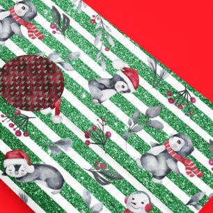 Kerstpinguïn Sneeuwman Groene Glitters Strepen Cadeaupapier