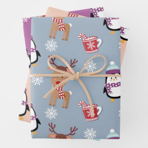 Kerstpinguïns en rendieren inpakpapier vel
