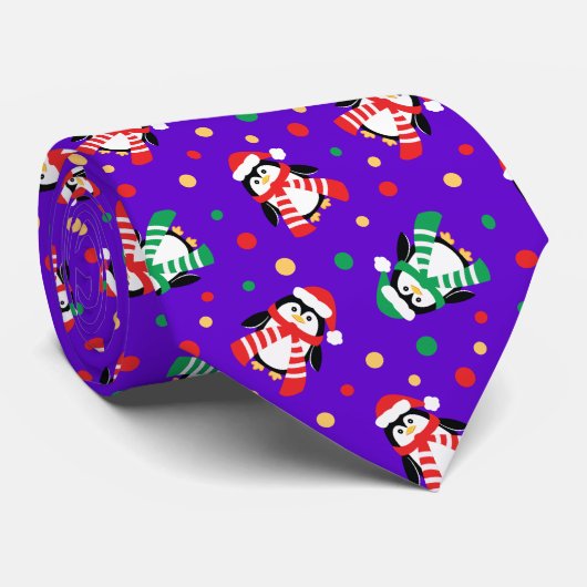 Kerstpinguins Funny Holiday Party Paars Stropdas (Opgerold)