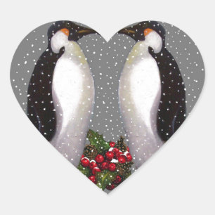 Kerstpinguïns in sneeuw, Holly: Kunst Hart Sticker