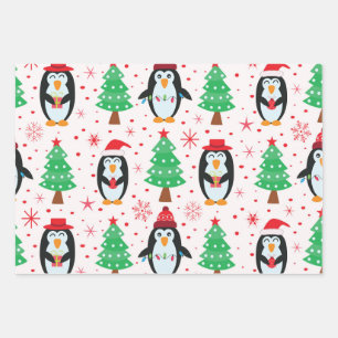 Kerstpinguïns met dennenbomen patroon inpakpapier vel