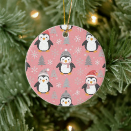 Kerstpinguïns Patroon Roze Grijs Keramisch Ornament