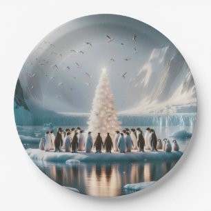 Kerstpinguïns verzamelen zich rond een boom papieren bordje