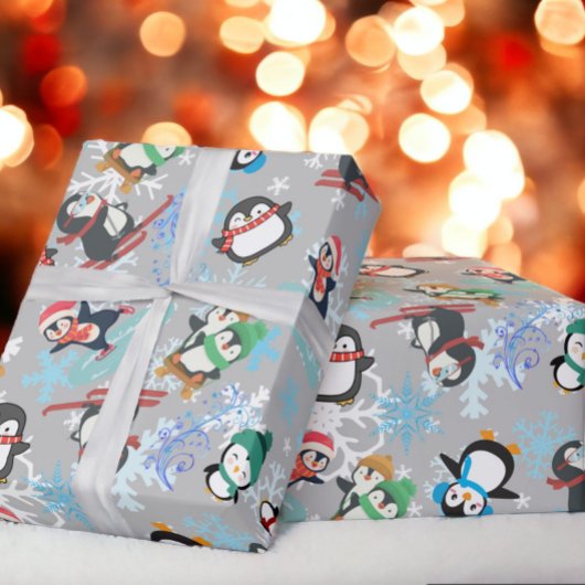 Kerstpinguïns wintersport Schattige Grappig Cadeaupapier