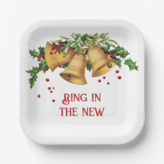 Kerstplaaties van papier met ouderwetse gouden bel papieren bordje