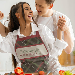 Kerstplaid rood groen familienaam gepersonaliseerd schort