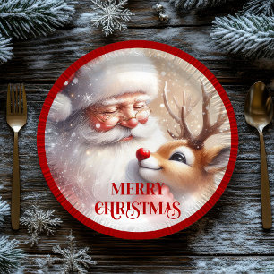 Kerstplaten met lieve Sint en rode neus Rudolph Papieren Bordje