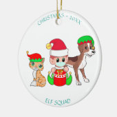 Kerstploeg, baby elf, kat & hond keramisch ornament (Links)