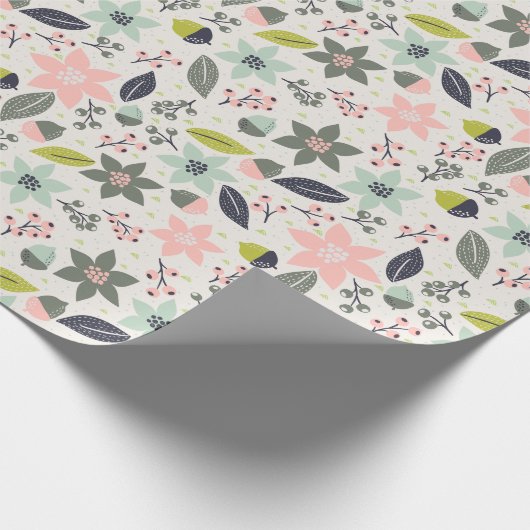 Kerstpoinsettia Acorns Gray Aqua Lime Green Cadeaupapier (Hoek)