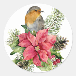 Kerstpoinsettia met vogels ronde sticker