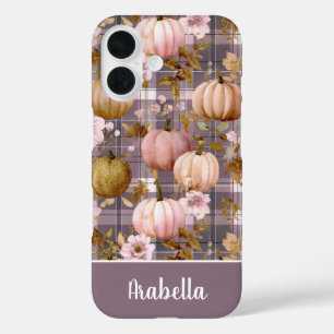 Kerstpompoen en bloemen geruit patroon iPhone 16 hoesje