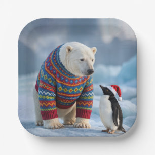 Kerstpoolbeer en pinguïn op een gletsjer papieren bordje
