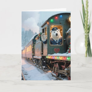 Kerstpoolbeer in een vintage stoomlocomotief kaart