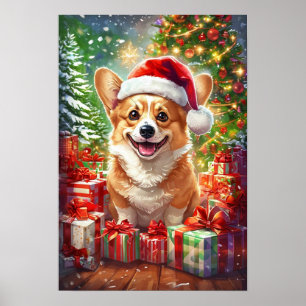 Kerstposter van Santa Corgi - Canvas Wandkunst Poster