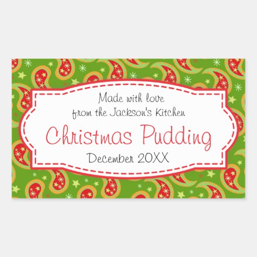 Kerstpudding paisley groen voedsellabel sticker (Voorkant)