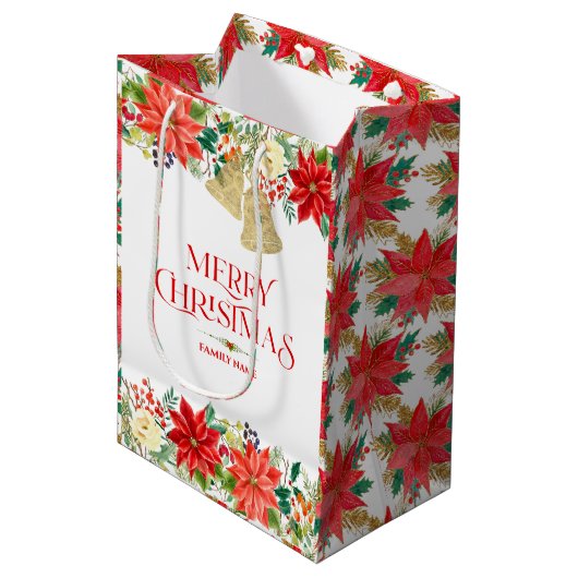 kerstpunsettia patroon en typografie medium cadeauzakje (Voorkant Gekanteld)