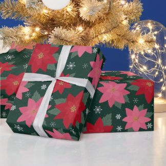 Kerstpuntsterren en Sneeuwvlokken op Groen voor Pr Cadeaupapier