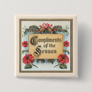 Kerstpuntsterren in vintage-stijl in een sierlijke vierkante button 5,1 cm