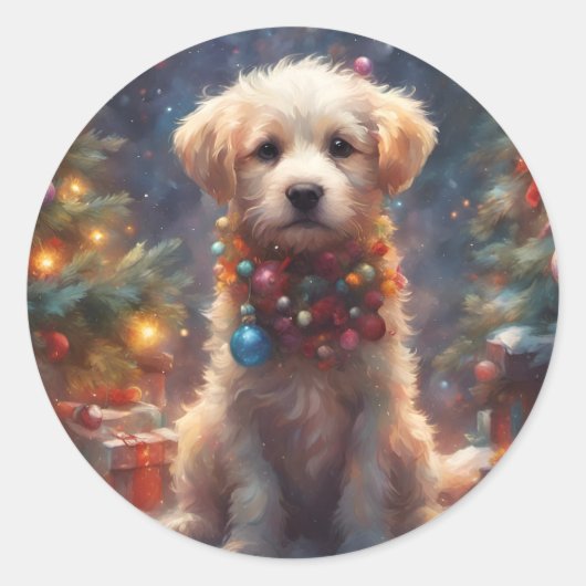 kerstpuppy Dog Ronde Sticker (Voorkant)