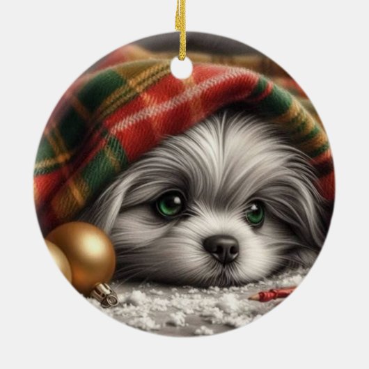 Kerstpuppy - droevige ogen keramisch ornament (Achterkant)