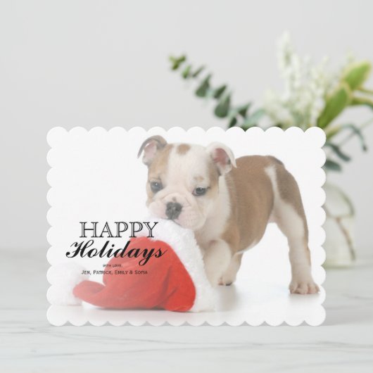 kerstpuppy: Engelse bulledog Puppy Feestdagenkaart (Staand voorkant)
