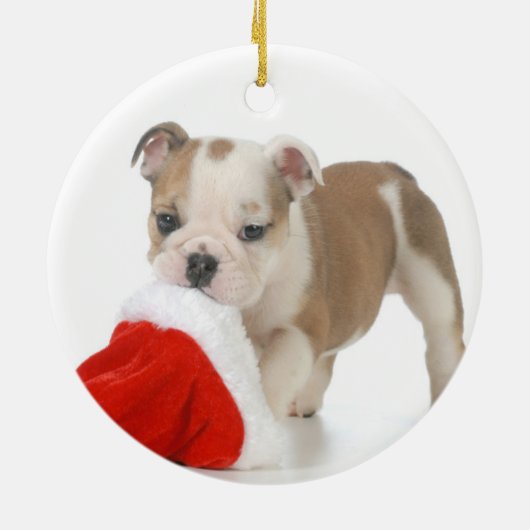 kerstpuppy: Engelse bulledog Puppy Keramisch Ornament (Achterkant)