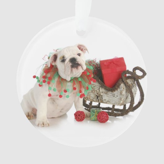 kerstpuppy: Engelse bulledog Puppy Sitting Ornament (voorkant)