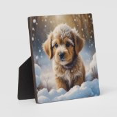 Kerstpuppy in de sneeuw op een winterdag fotoplaat (Voorkant)