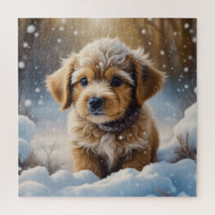 Kerstpuppy in de sneeuw op een winterdag legpuzzel