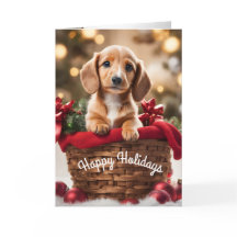 Kerstpuppy in een mandje vakantiekaart Doxie