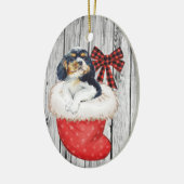 kerstpuppy Spaniel in Stopt-out op hout Keramisch Ornament (Links)