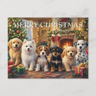 Kerstpuppy's bij de Haard en Versierde Boom Feestdagenkaart