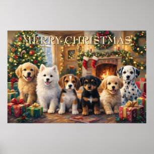 Kerstpuppy's bij de Haard en Versierde Boom Poster