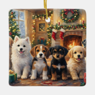 Kerstpuppy's bij de open haard en versierde kerstb keramisch ornament