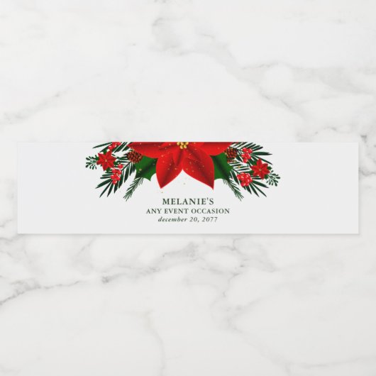 KerstRed Poinsettia Pine Greenery Event Waterfles Etiket (Enkel label)