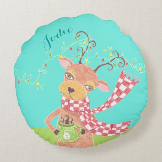 Kerstrendier gepersonaliseerd kind rond kussen (Achterkant)
