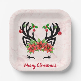 Kerstrendier met bloemenachtergrond papieren bordje