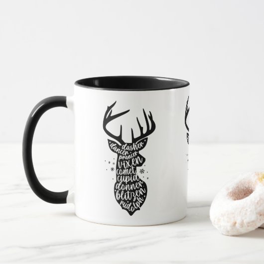 Kerstrendieren, zwart en wit mok (Met donut)