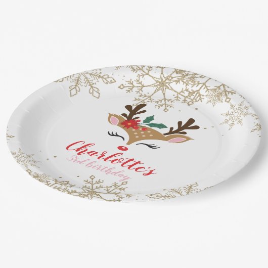 Kerstrendiervlekken met gouden sneeuwvlokken papieren bordje (Gekanteld)