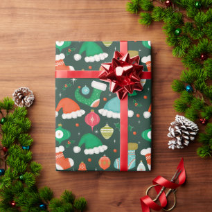 Kerstretro Ornamenten en kousen groen Cadeaupapier