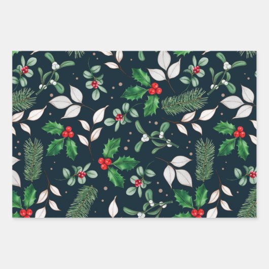 Kerstrode bessen en groene bladeren inpakpapier vel (Voorkant)