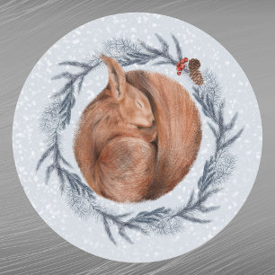 Kerstrode eekhoorn Pine WreatWaterverf Ronde Sticker
